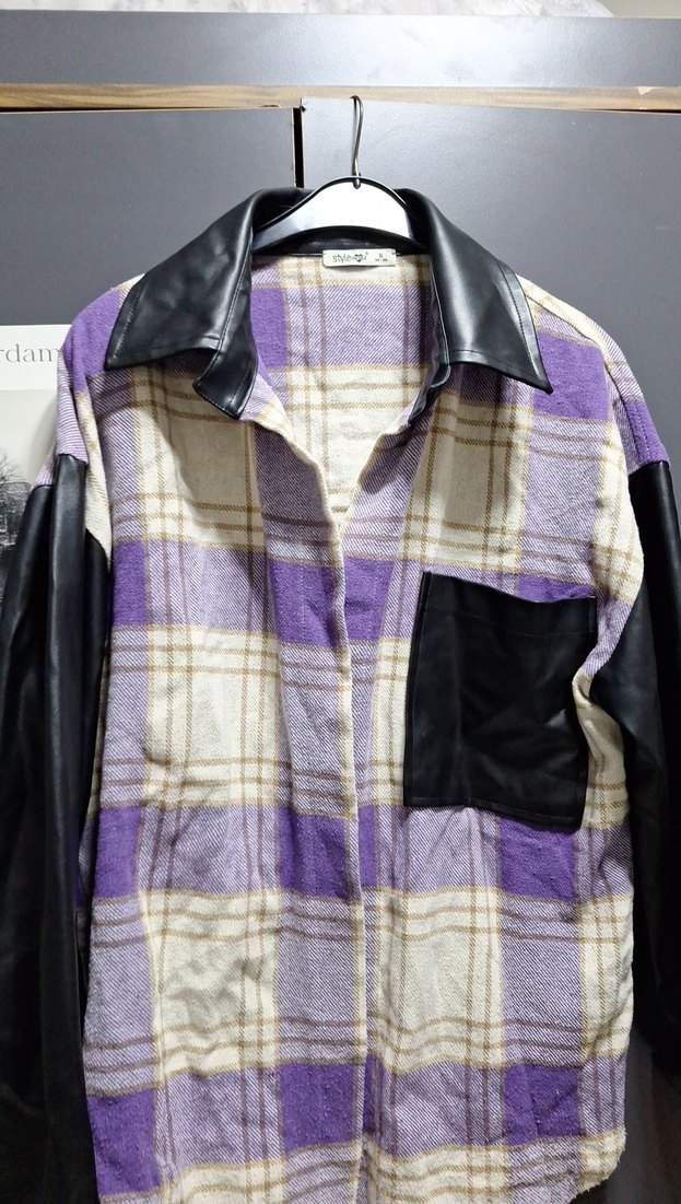 Düğmeli Mor Deri Detaylı Kadın kolları deri  ceket - Görsel 3