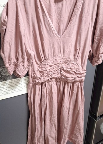 Pembe Keten V Yakalı kısa Bohem Elbise - Görsel 3