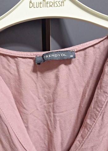 Pembe Keten V Yakalı kısa Bohem Elbise - Görsel 2