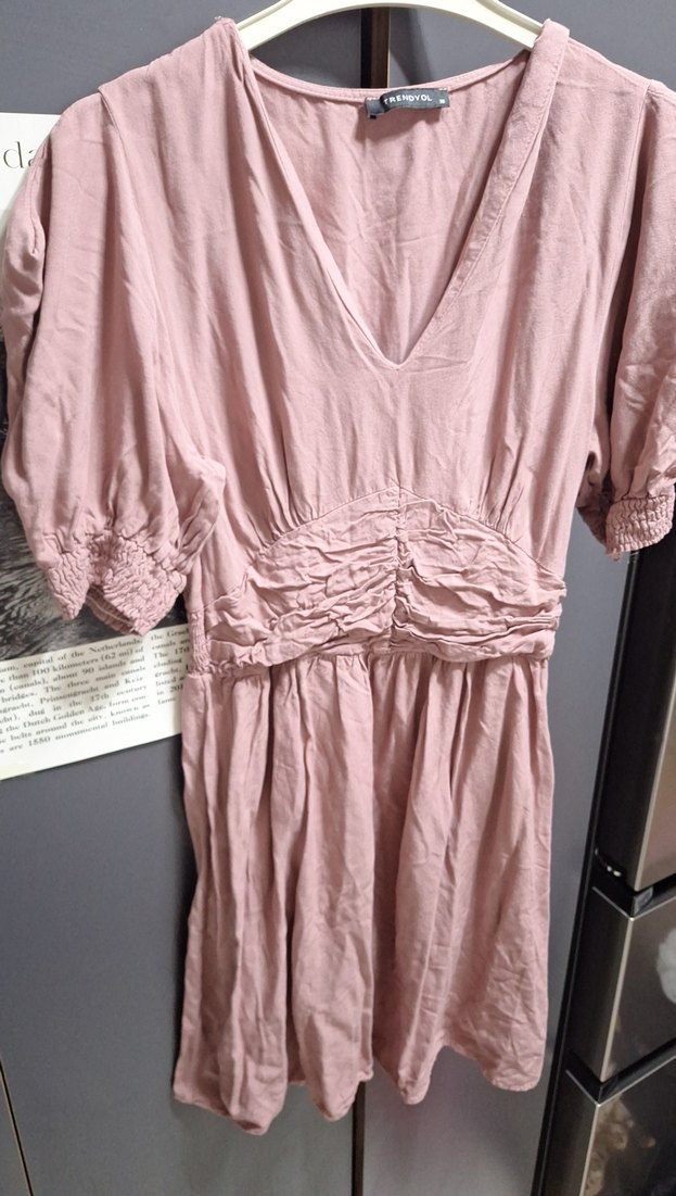 Pembe Keten V Yakalı kısa Bohem Elbise - Görsel 3