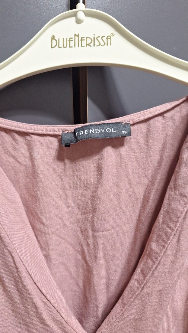 Pembe Keten V Yakalı kısa Bohem Elbise - Görsel 2