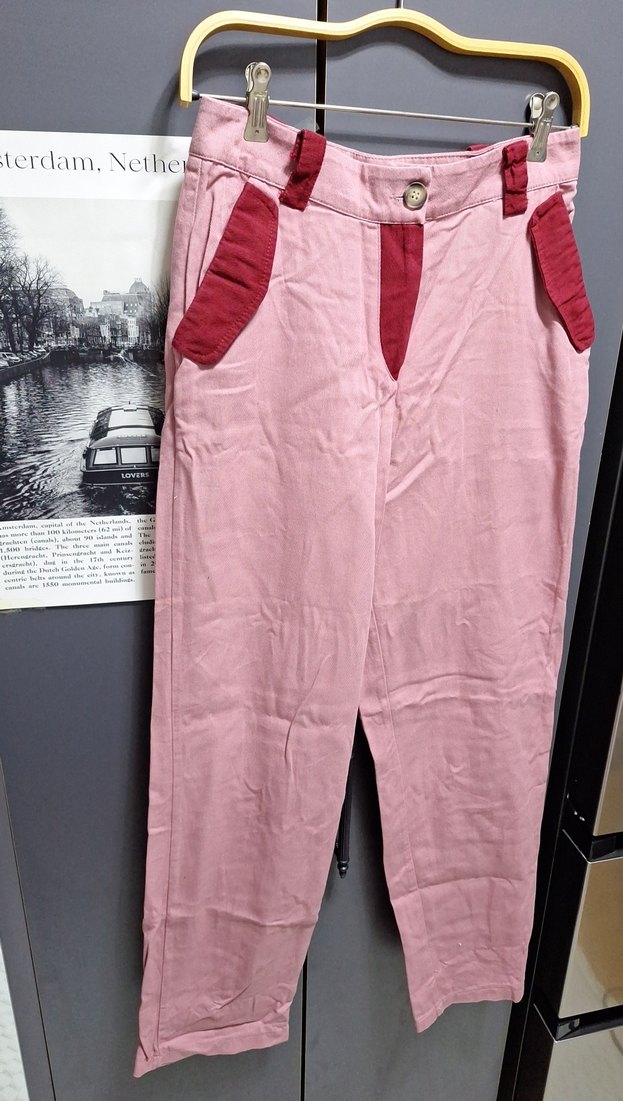 bordo Pembe renkli  Düğmeli Kumaş Kadın Pantolon - Görsel 2