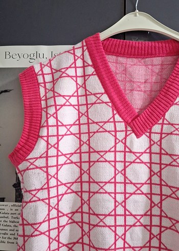 Pembe V Yaka Örgü Kadın Süveter - Görsel 2