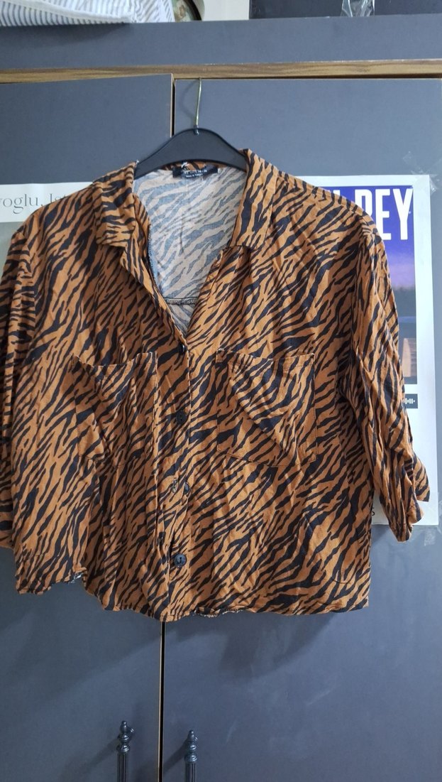 Düğmeli Kahverengi Zebra Desenli Kadın Gömlek - Görsel 2