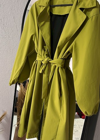 Kadın Yeşil Uzun Beli Kuşaklı Trençkot - Görsel 2