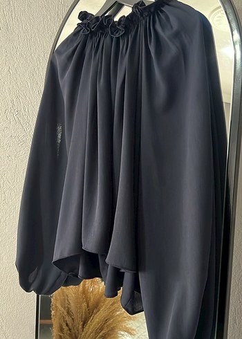 Lacivert Drapeli Mini Bluz Yüksek Yakalı - Görsel 2