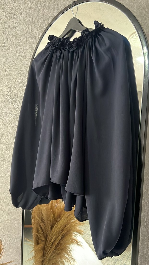 Lacivert Drapeli Mini Bluz Yüksek Yakalı - Görsel 2