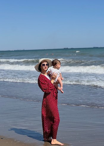 Kırmızı Puantiyeli Uzun Pamuklu Elbise - Görsel 3