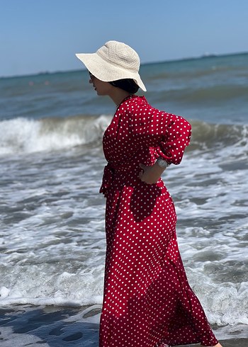 Kırmızı Puantiyeli Uzun Pamuklu Elbise - Görsel 4