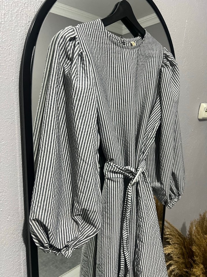 Gri Zebra Desenli Kemerli Hamile Bluzu - Görsel 3