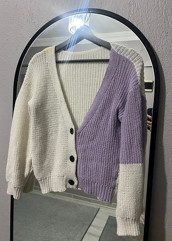 V Yaka, Renk Bloklu, Örgü Kadın Hırka - Görsel 3