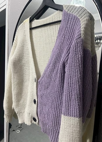 V Yaka, Renk Bloklu, Örgü Kadın Hırka - Görsel 2