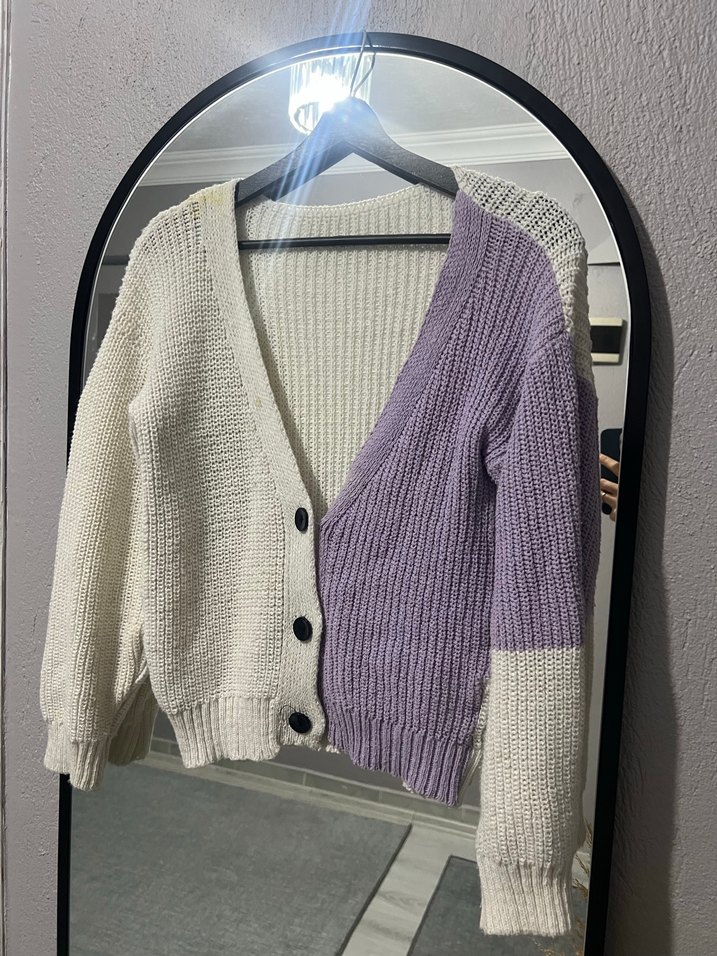 V Yaka, Renk Bloklu, Örgü Kadın Hırka - Görsel 3