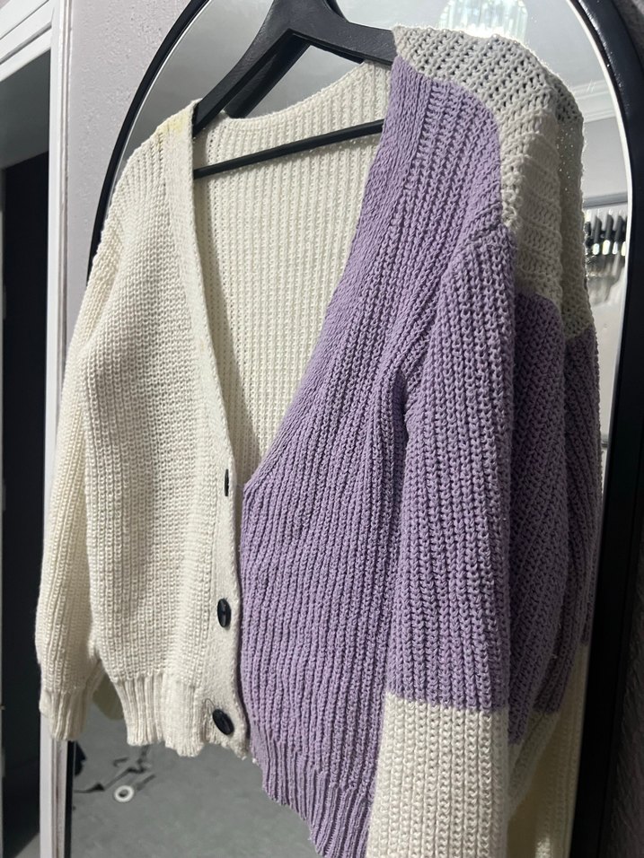 V Yaka, Renk Bloklu, Örgü Kadın Hırka - Görsel 2