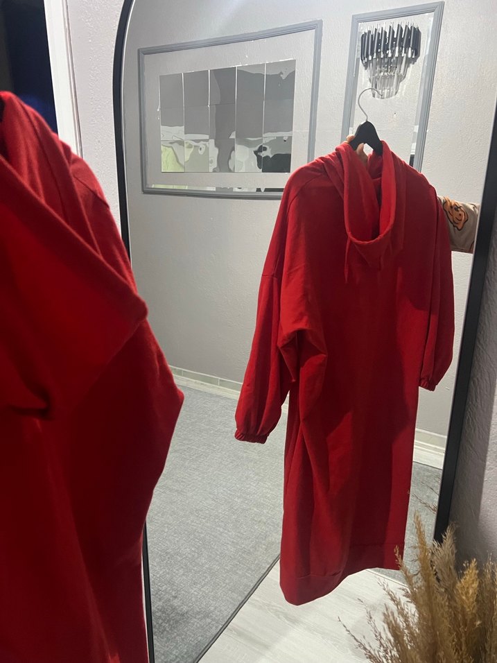 Parlak Kırmızı Kadın Uzun Kollu Salaş Elbise - Görsel 2