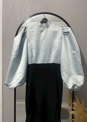 Uzun Kollu Yüksek Yakalı Drapeli Kadın Elbise - Görsel 3