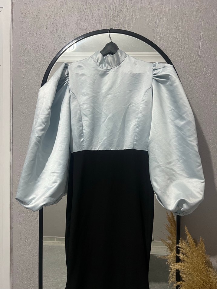 Uzun Kollu Yüksek Yakalı Drapeli Kadın Elbise - Görsel 3