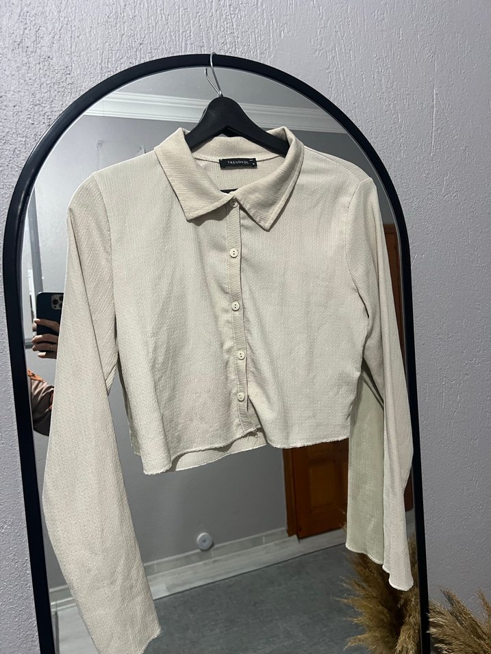 Bej Kadın Keten Uzun Kollu Gömlek - Görsel 2