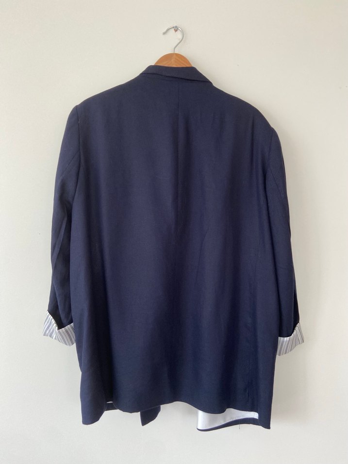 Düğmeli Lacivert Keten Kadın Blazer - Görsel 3