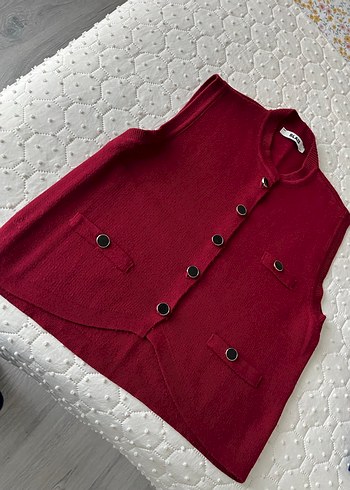 Düğmeli Bordo Triko Kadın Yelek - Görsel 3