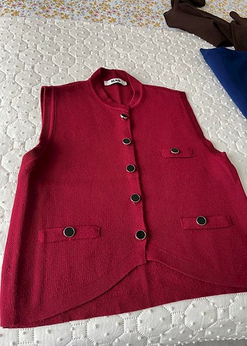 Düğmeli Bordo Triko Kadın Yelek - Görsel 2