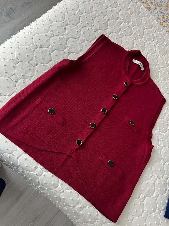 Düğmeli Bordo Triko Kadın Yelek - Görsel 3