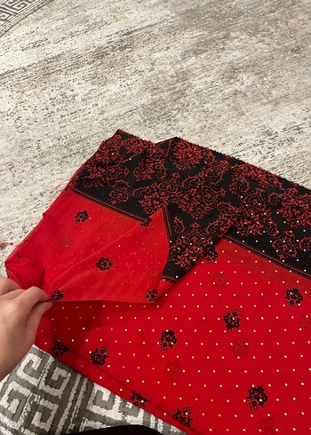 Boncuk İşlemeli Koyu kırkımızı şifon kumaş - Görsel 2