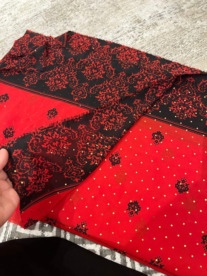 Boncuk İşlemeli Koyu kırkımızı şifon kumaş - Görsel 3