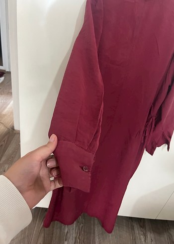 44 Beden bordo Renk Bordo Uzun Keten gömlek elbise