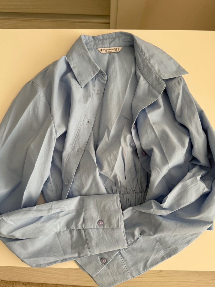 Bershka Mavi Pamuklu Kadın Crop Gömlek - Görsel 2