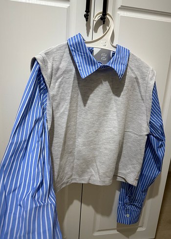 Gri ve Mavi Çizgili Uzun Kollu Kadın Gömlek - Görsel 2