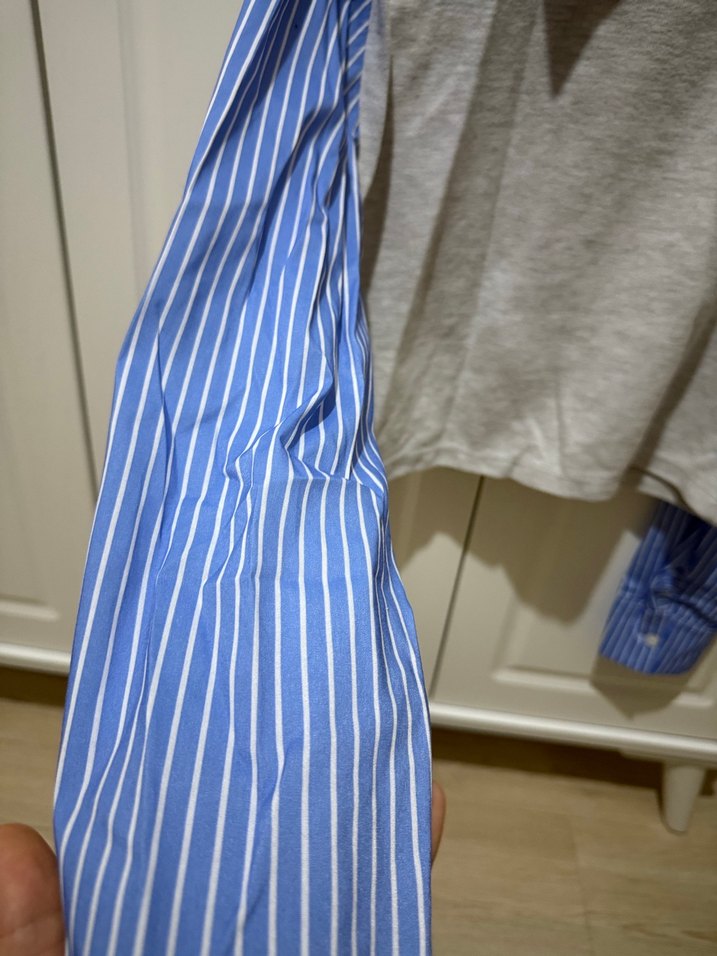 Gri ve Mavi Çizgili Uzun Kollu Kadın Gömlek - Görsel 4