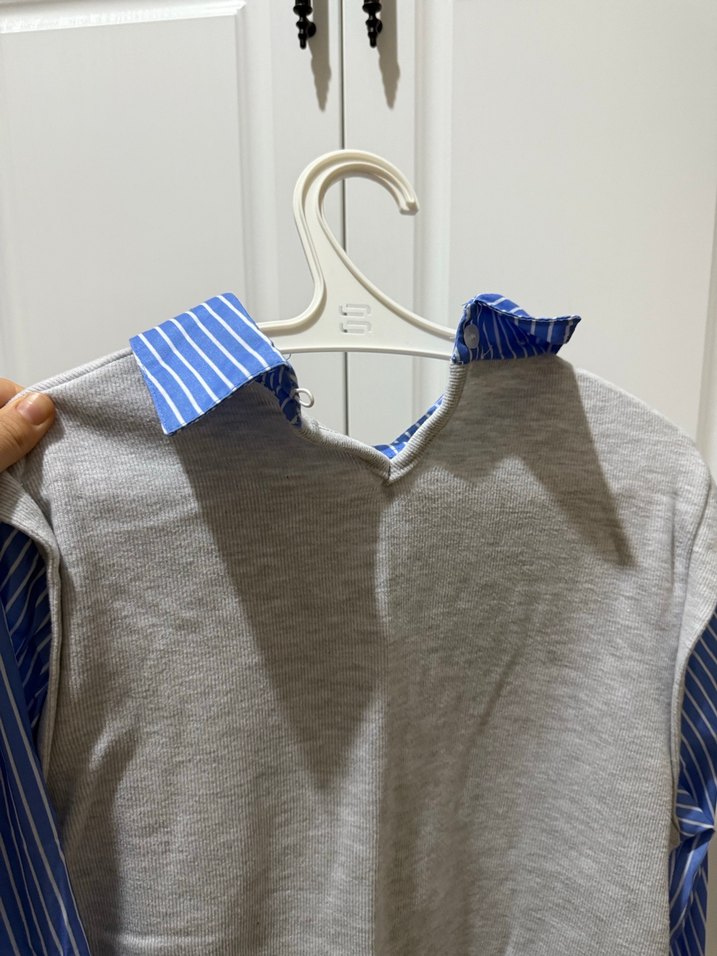 Gri ve Mavi Çizgili Uzun Kollu Kadın Gömlek - Görsel 5