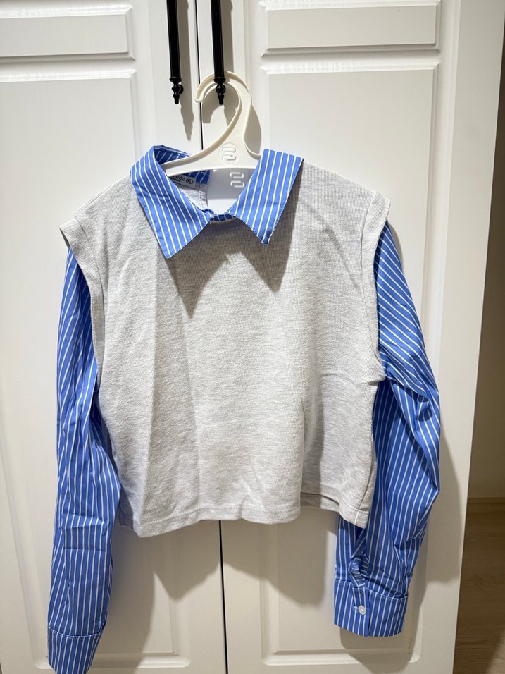 Gri ve Mavi Çizgili Uzun Kollu Kadın Gömlek - Görsel 3