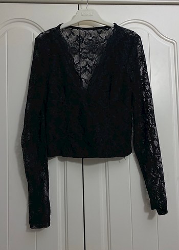 Siyah Dantel V Yaka Gotik Kadın Bluz - Görsel 2