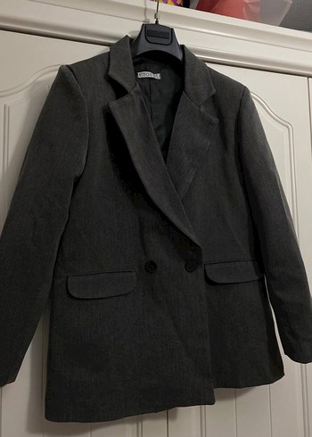 Düğmeli Gri Kadın Keten Blazer Ceket - Görsel 2