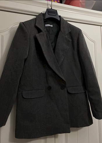 Düğmeli Gri Kadın Keten Blazer Ceket - Görsel 3