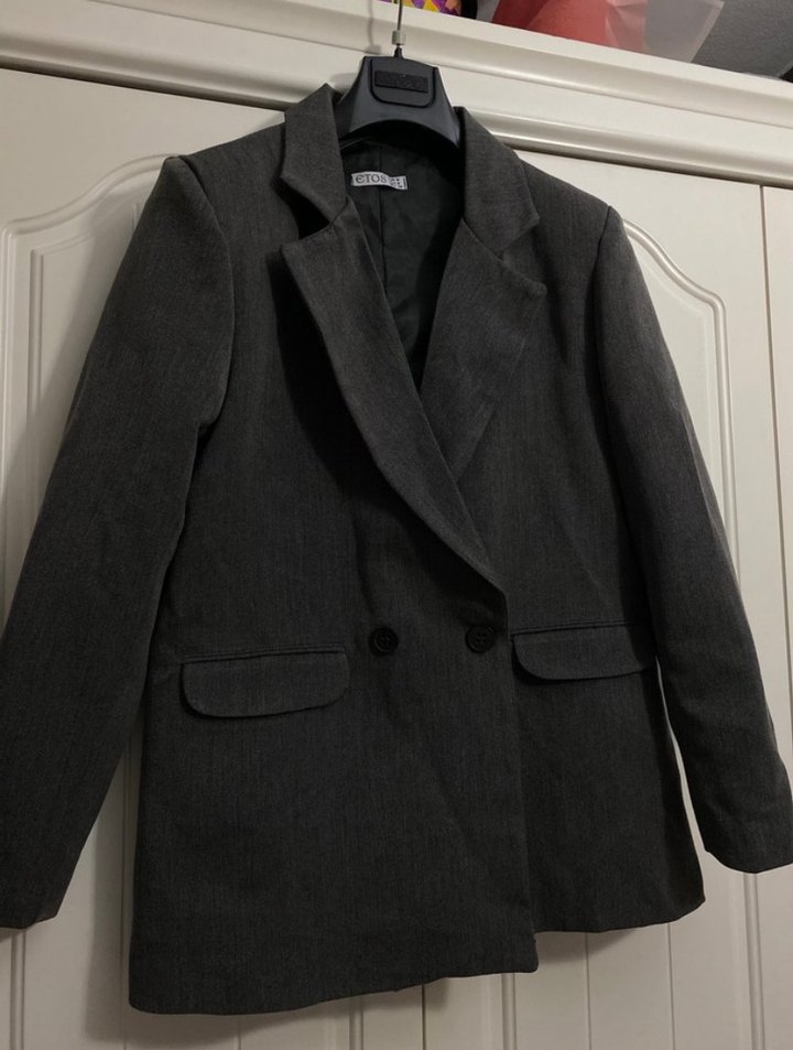 Düğmeli Gri Kadın Keten Blazer Ceket - Görsel 2