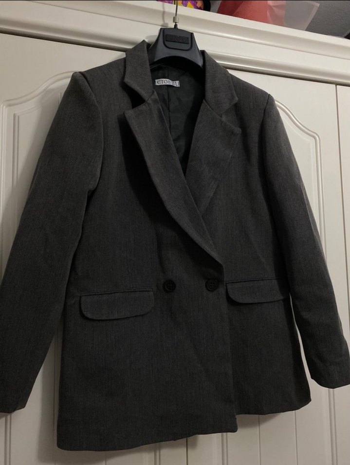 Düğmeli Gri Kadın Keten Blazer Ceket - Görsel 3