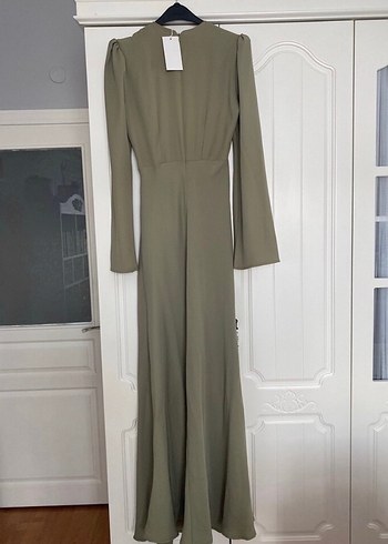 m Beden haki Renk Khaki Drapeli V Yakalı Kadın Uzun Elbise