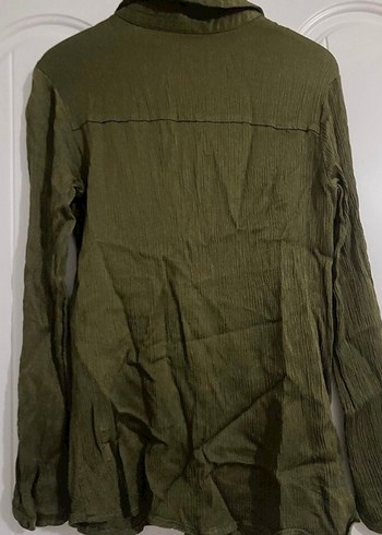 Kadın Haki Keten Düğmeli Uzun Kollu Gömlek - Görsel 2