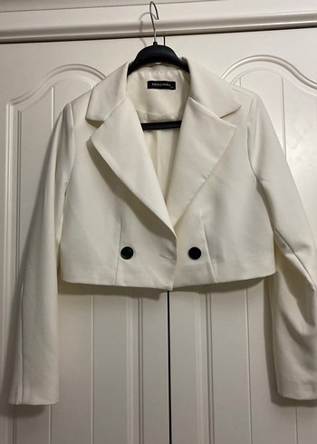 Düğmeli Beyaz Mini Blazer Kadın Ceket - Görsel 2