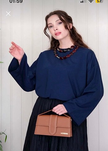 Trendyol & Milla Lacivert Denim Kadın Bluz, Salaş Kesim, Uzun Kollu