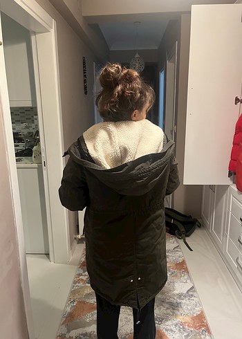 s Beden haki Renk Haki Yeşil Midi Kadın Peluş Detaylı Ceket