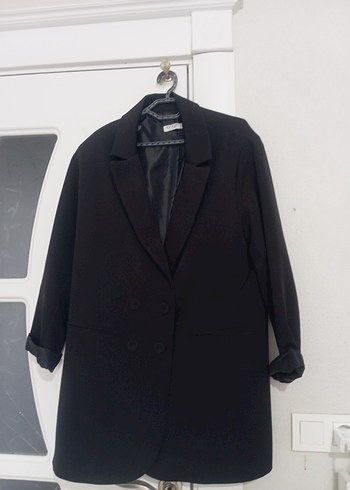 40 Beden Kadın Siyah Midi Boy Düğmeli Blazer Ceket