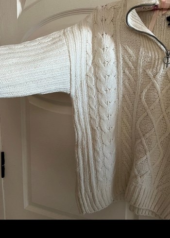 Örgü Bohem Beyaz Yarım Fermuarlı Kazak - Görsel 3