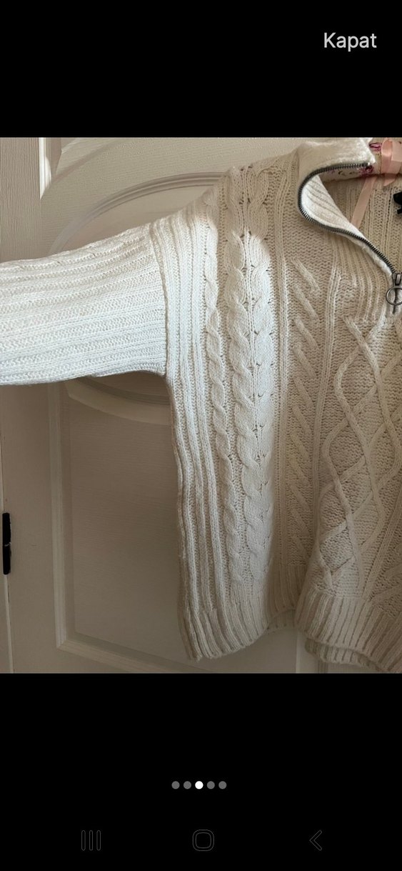 Örgü Bohem Beyaz Yarım Fermuarlı Kazak - Görsel 3