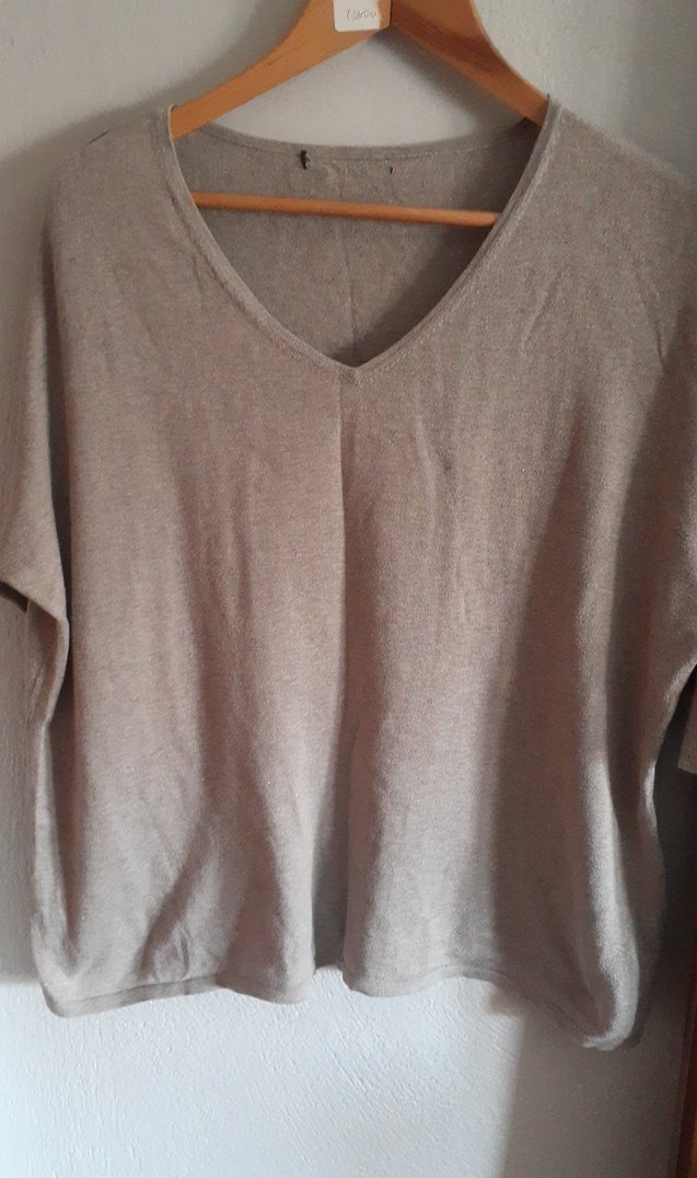 Bej V Yakalı Keten Kadın Kısa Kollu Kazak - Görsel 2