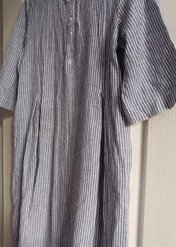 Gri Çizgili V Yaka Keten Uzun Elbise - Görsel 6