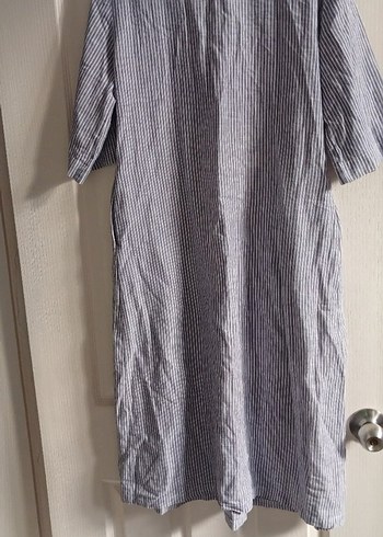 Gri Çizgili V Yaka Keten Uzun Elbise - Görsel 5